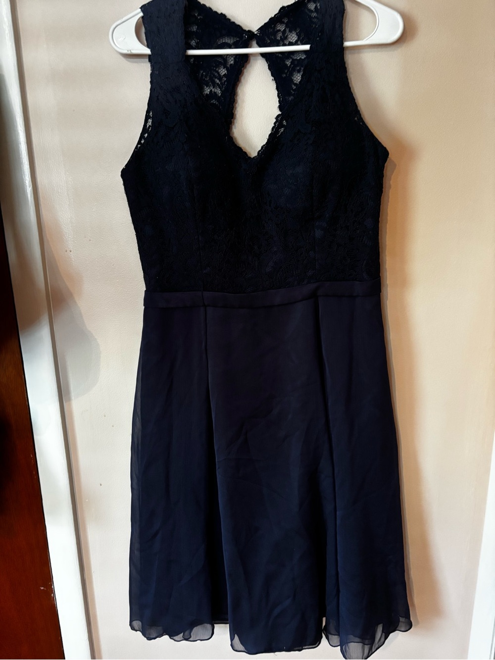 Belsoie Navy Chiffon Lace Gown Short Cocktail Dress keyhole Size 14